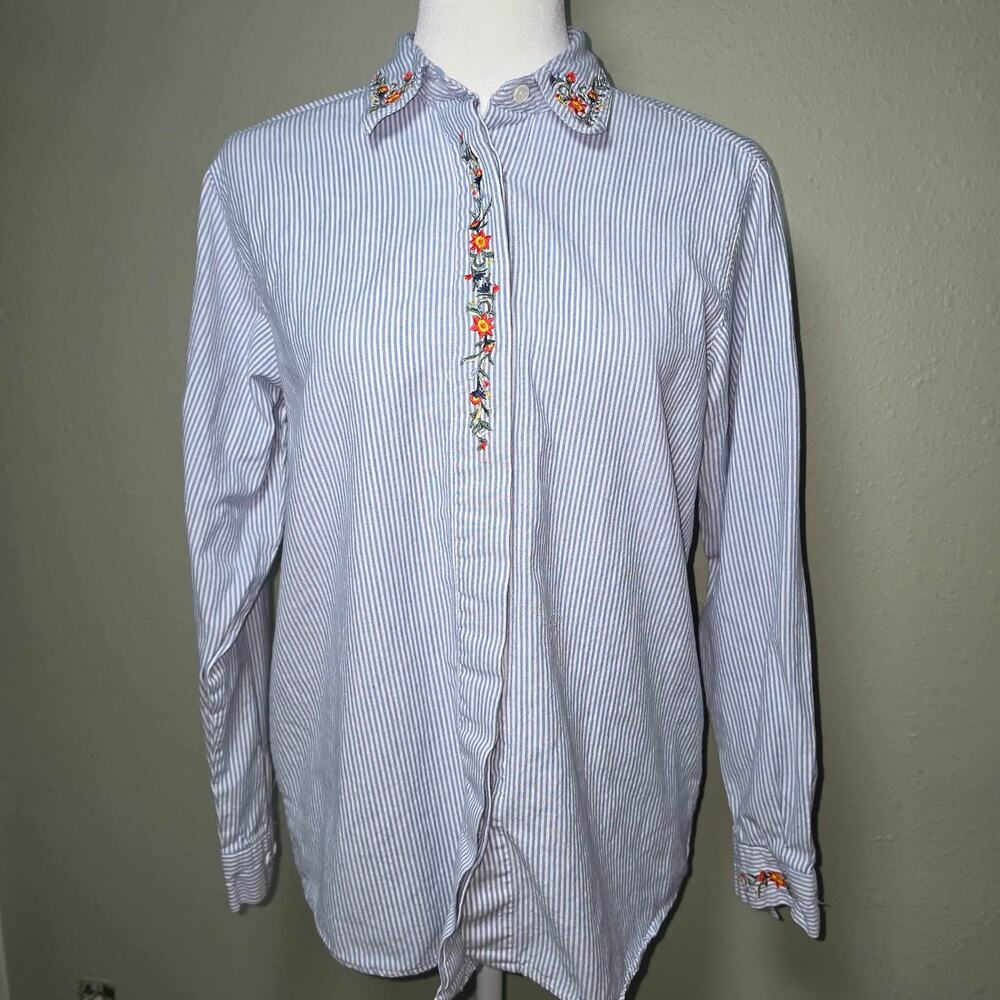 Cabin Creek Womens Floral Embroidered Striped Button Down Shirt Medium Blue M